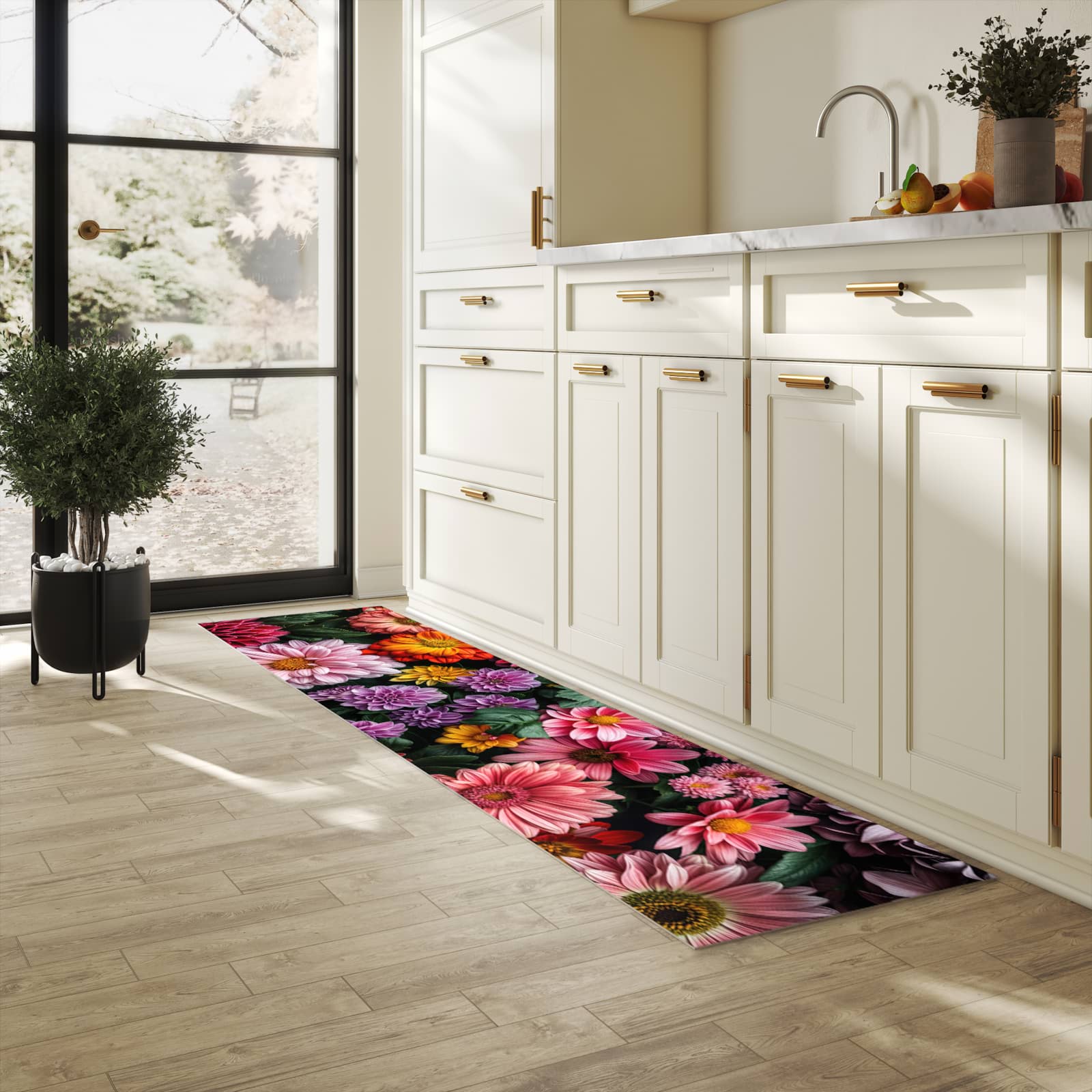 Feuchtigkeitsresistenter Teppich für Küche mit Motiv Blumenkomposition in heller Küche