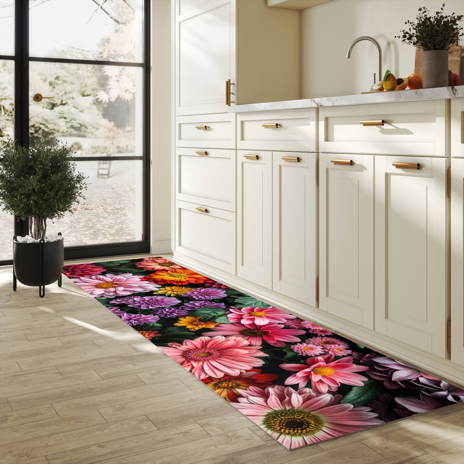 Küchenläufer mit Motiv Blumenkomposition in heller Küche für sichere Aufbewahrung