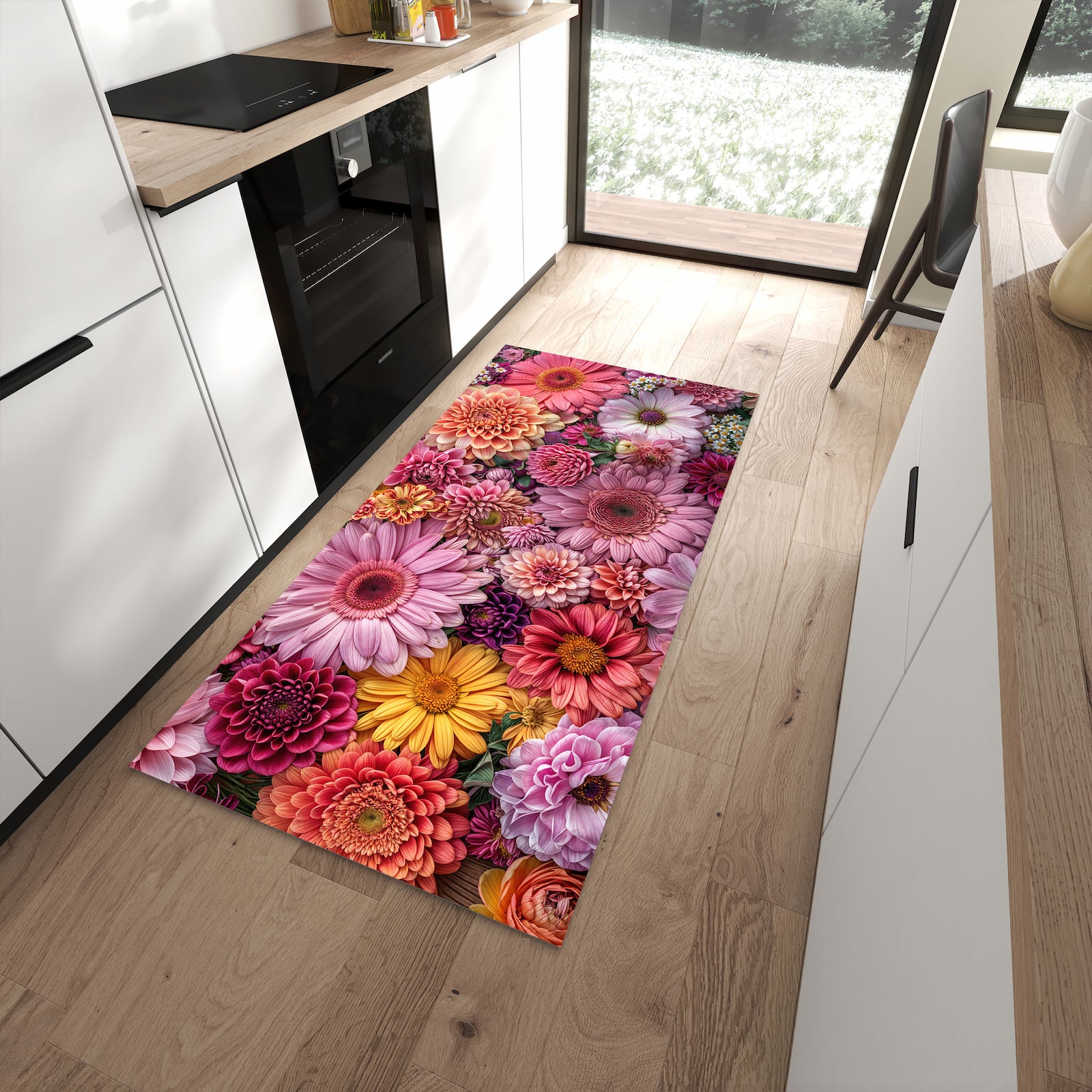 Komfortabler rutschfester Küchenteppich mit Motiv Bunte Blumenpracht in moderner Küche