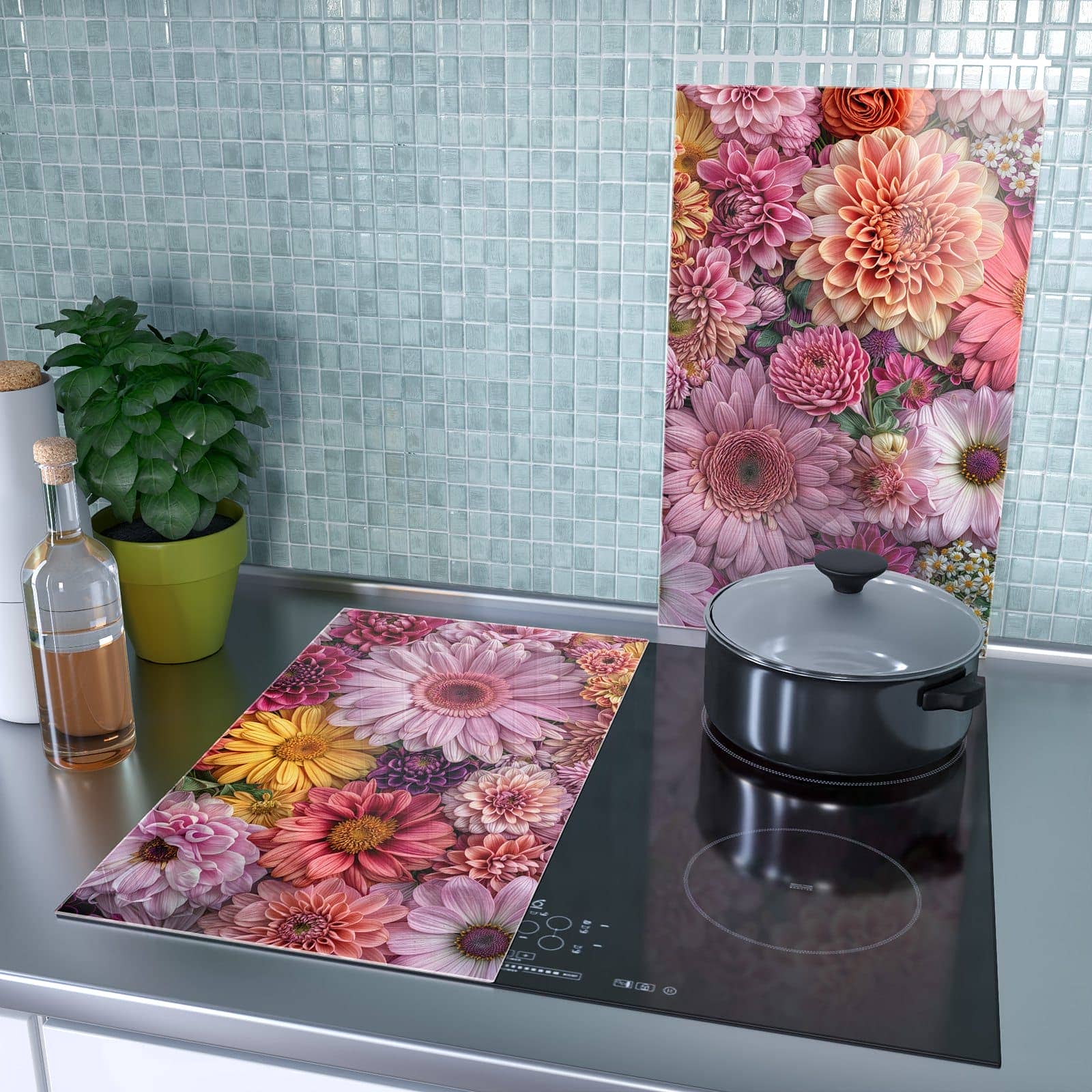 2-teilige Herdabdeckplatten aus Glas mit Bunte Blumenpracht-Motiv als Spritzschutz hinter dem Kochfeld