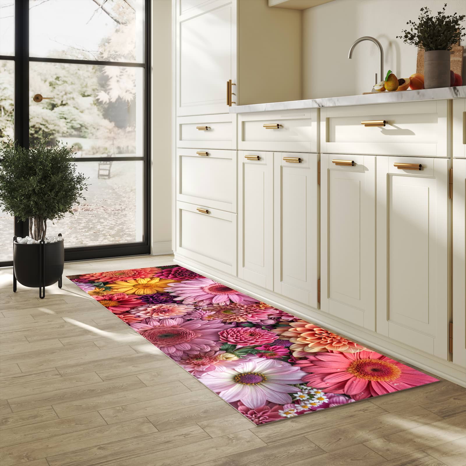 Komfortabler rutschfester Küchenläufer mit Motiv Bunte Blumenpracht in heller Küche