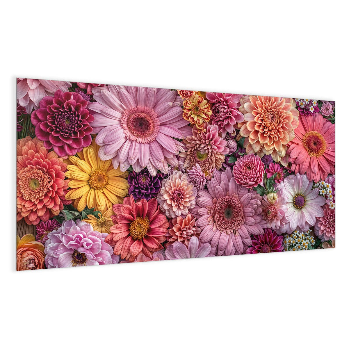 Dicht gepackte Dahlien, Gerbera und Chrysanthemen in Rosa, Koralle und Gelb