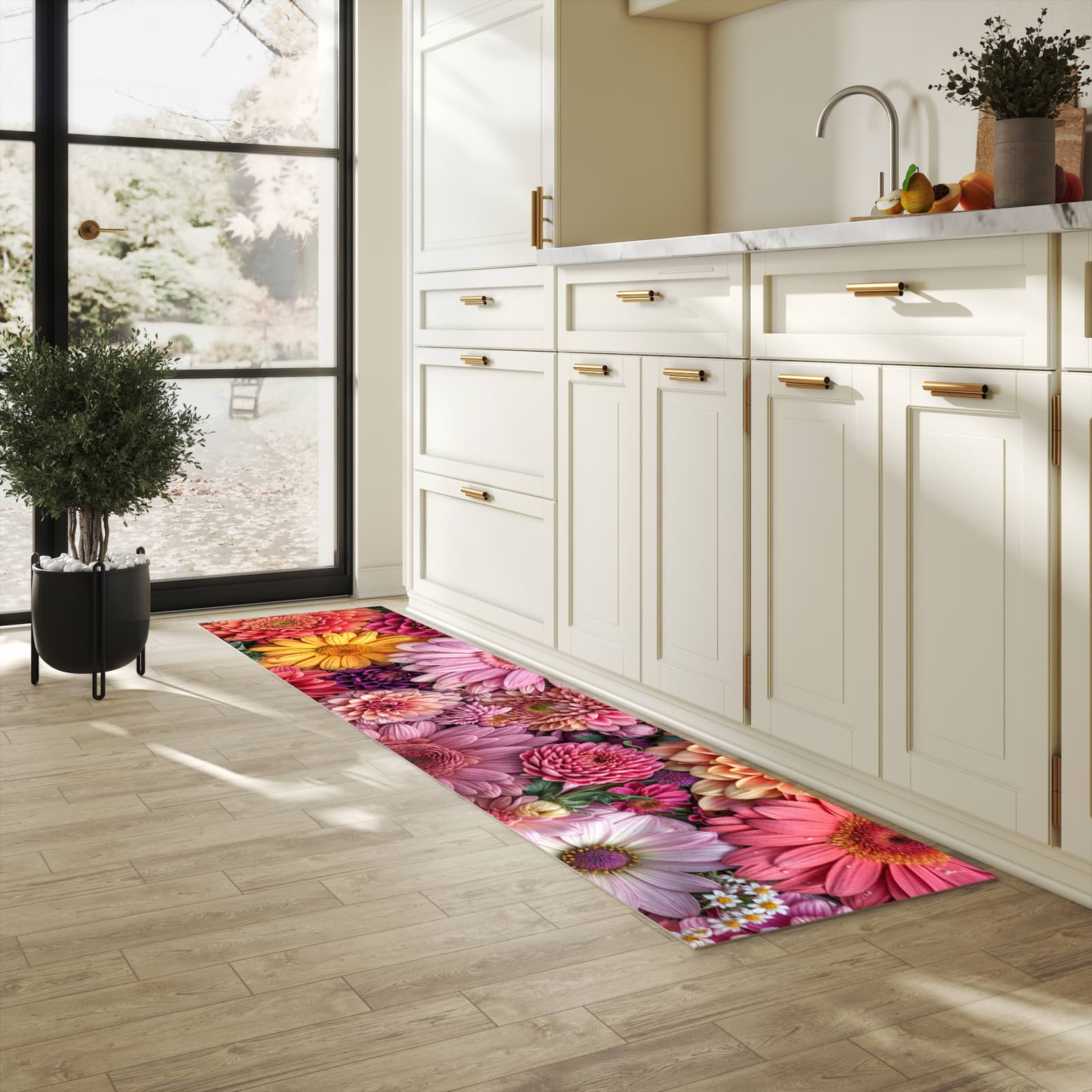 Geruchsneutraler rutschfester Küchenläufer mit Motiv Bunte Blumenpracht in heller Küche