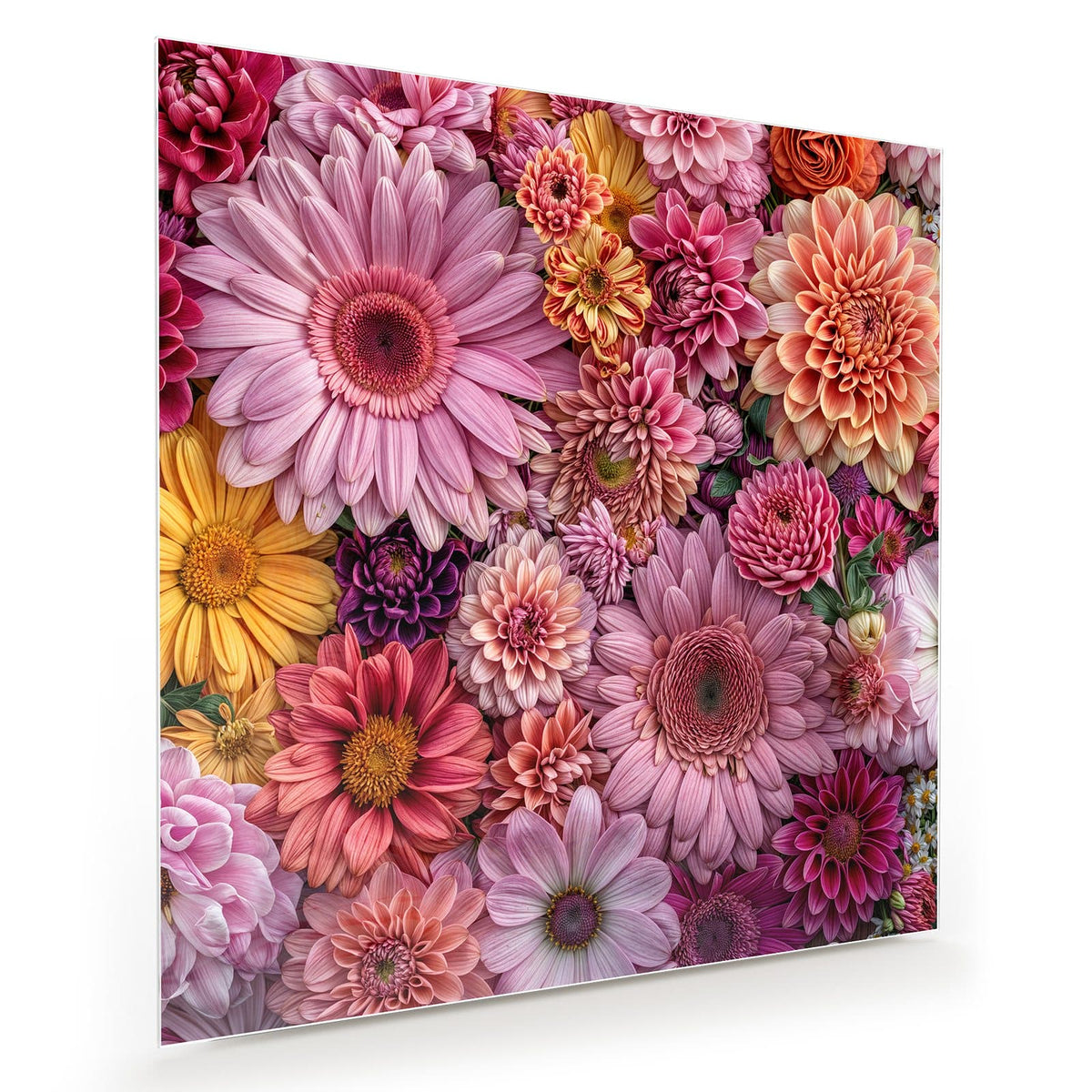 Dicht gepackte Dahlien, Gerbera und Chrysanthemen in Rosa, Koralle und Gelb