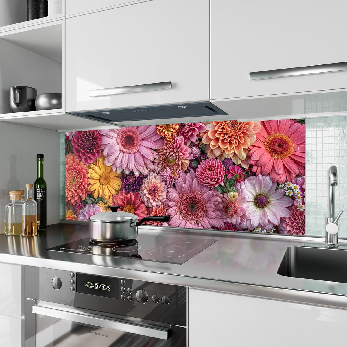 Küchenrückwand aus Glas Rosa Blütenteppich im Hochformat als Spritzschutz hinter dem Kochfeld, über dem Fliesenspiegel montiert