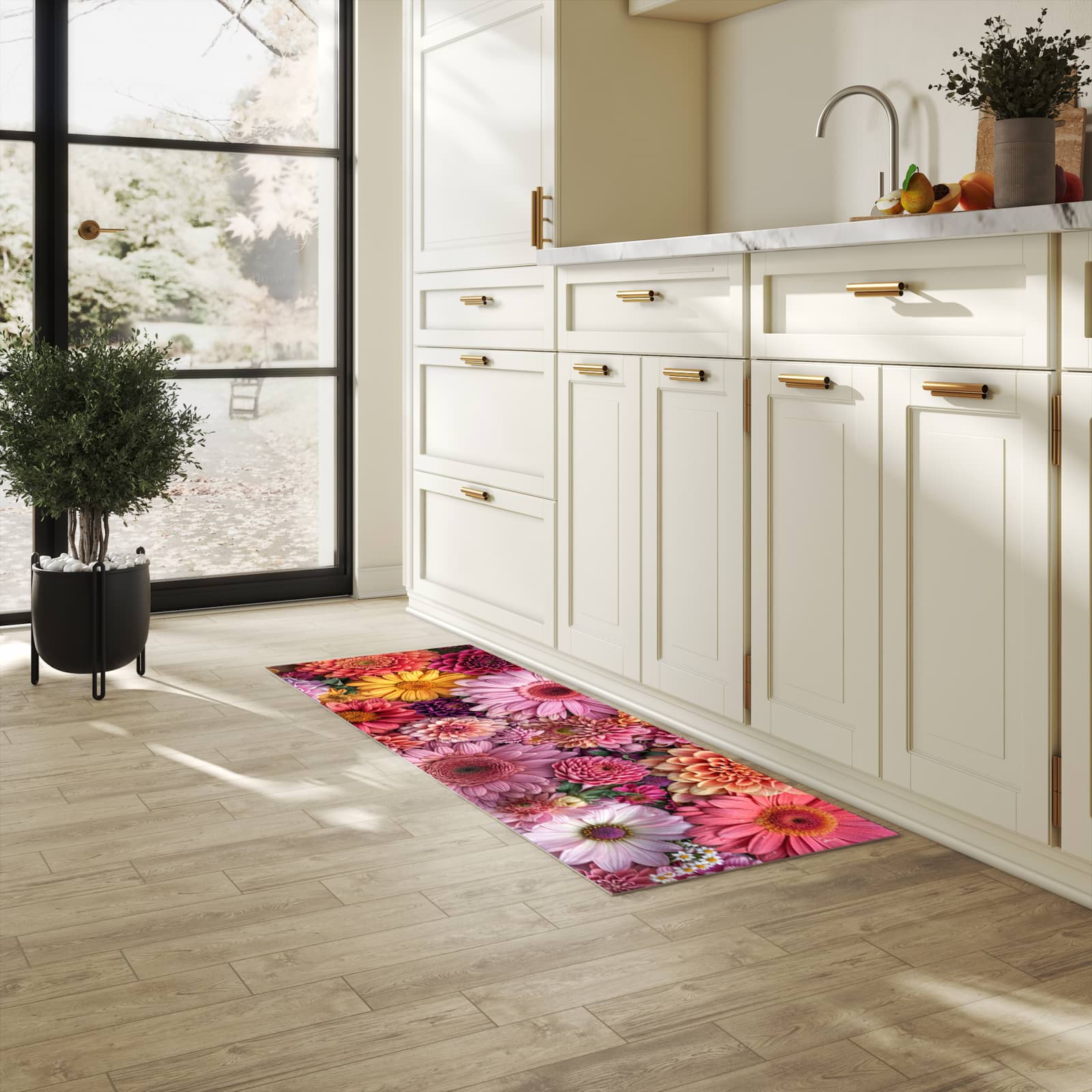 Fleckenresistenter Küchenläufer mit Motiv Bunte Blumenpracht in heller Küche