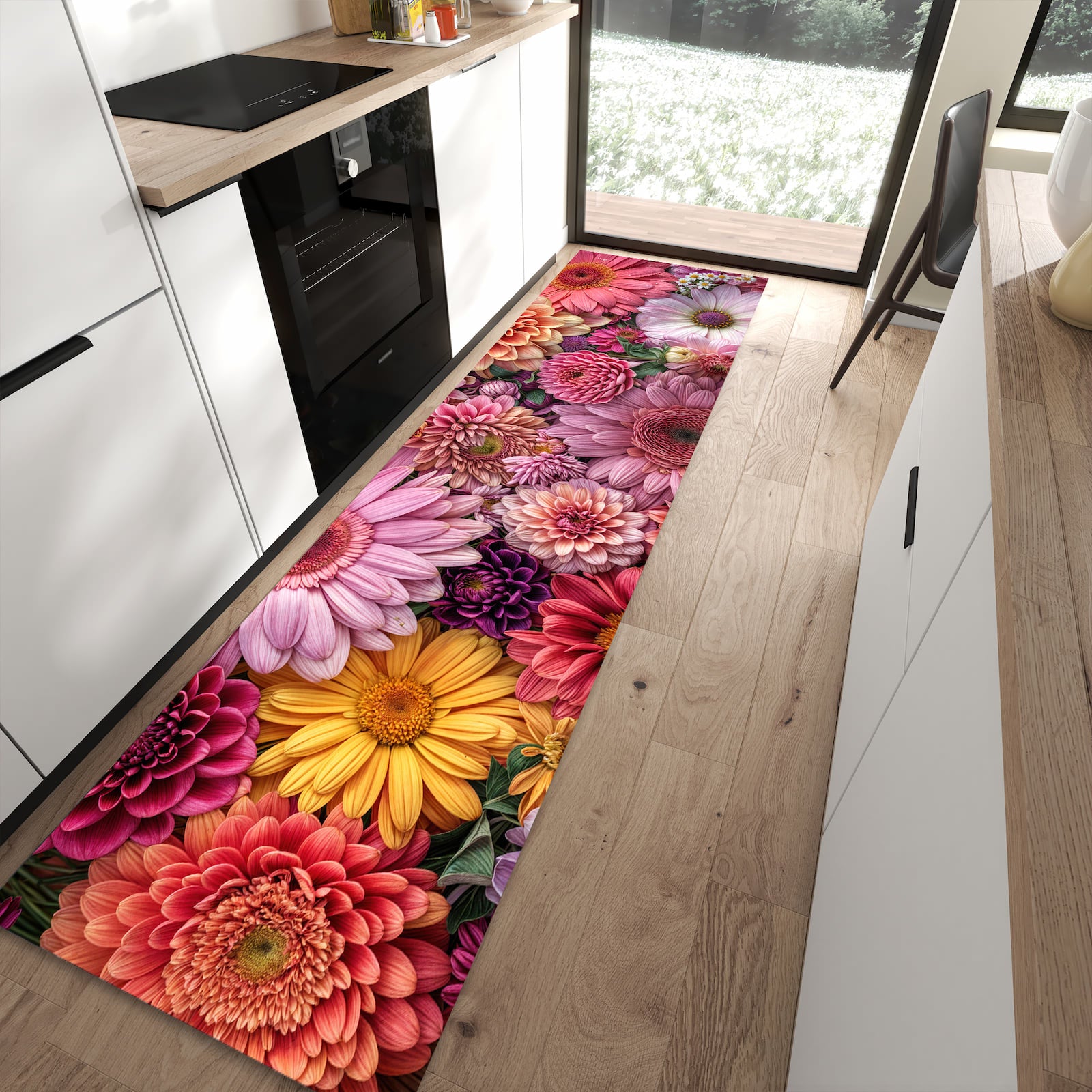 Pflegeleichter Küchenteppich mit Motiv Bunte Blumenpracht in moderner Küche