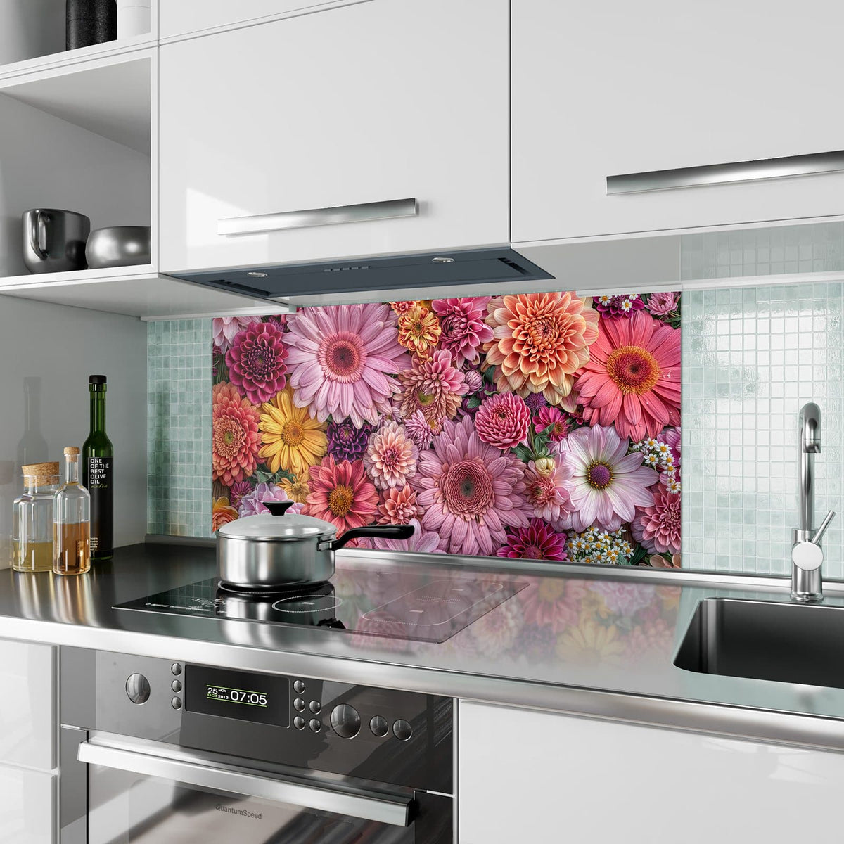 Küchenrückwand aus Glas Rosa Blütenteppich im Hochformat als Spritzschutz hinter dem Kochfeld, über dem Fliesenspiegel montiert