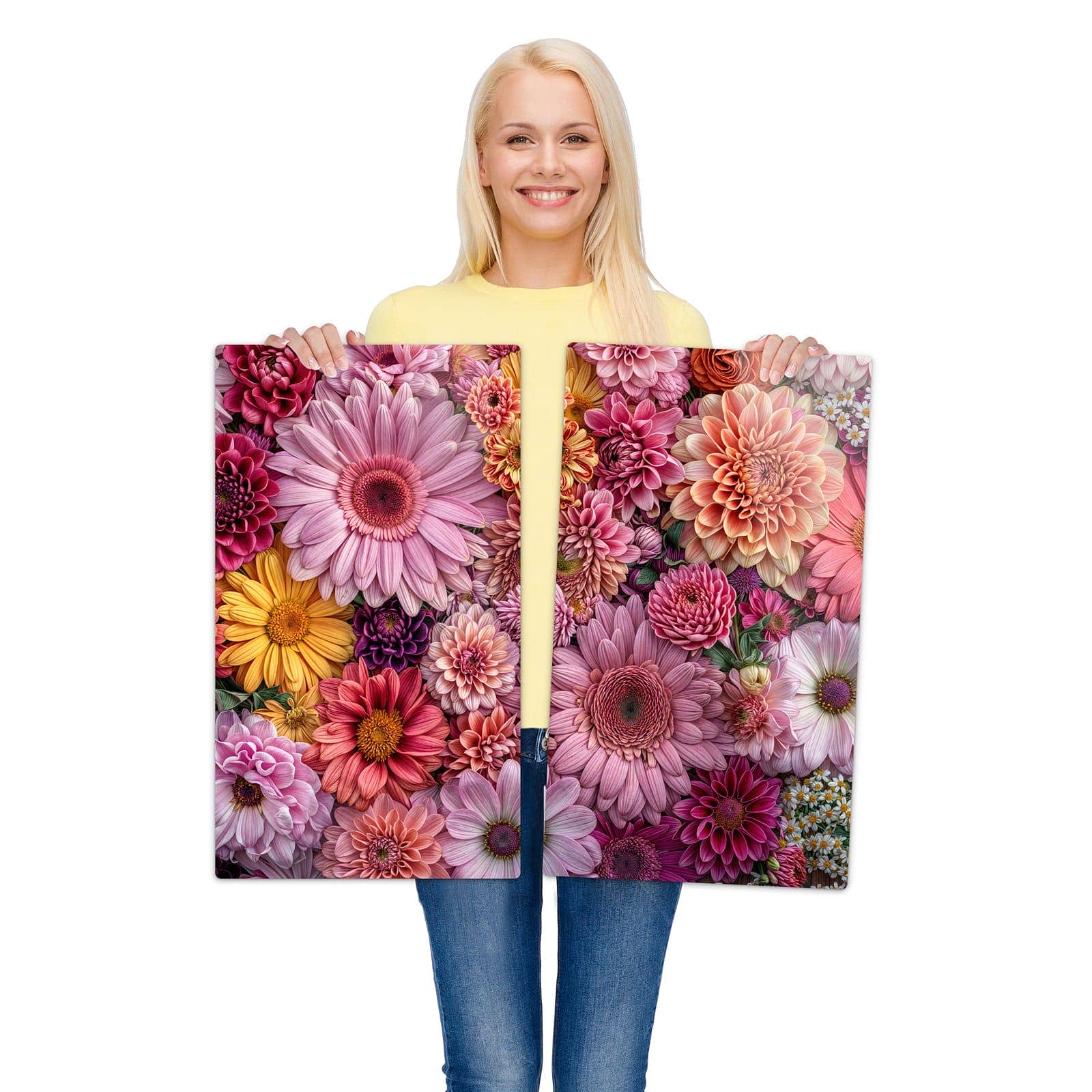 2-teilige Herdabdeckplatte Induktion mit Bunte Blumenpracht-Motiv wird zur Größendarstellung gehalten