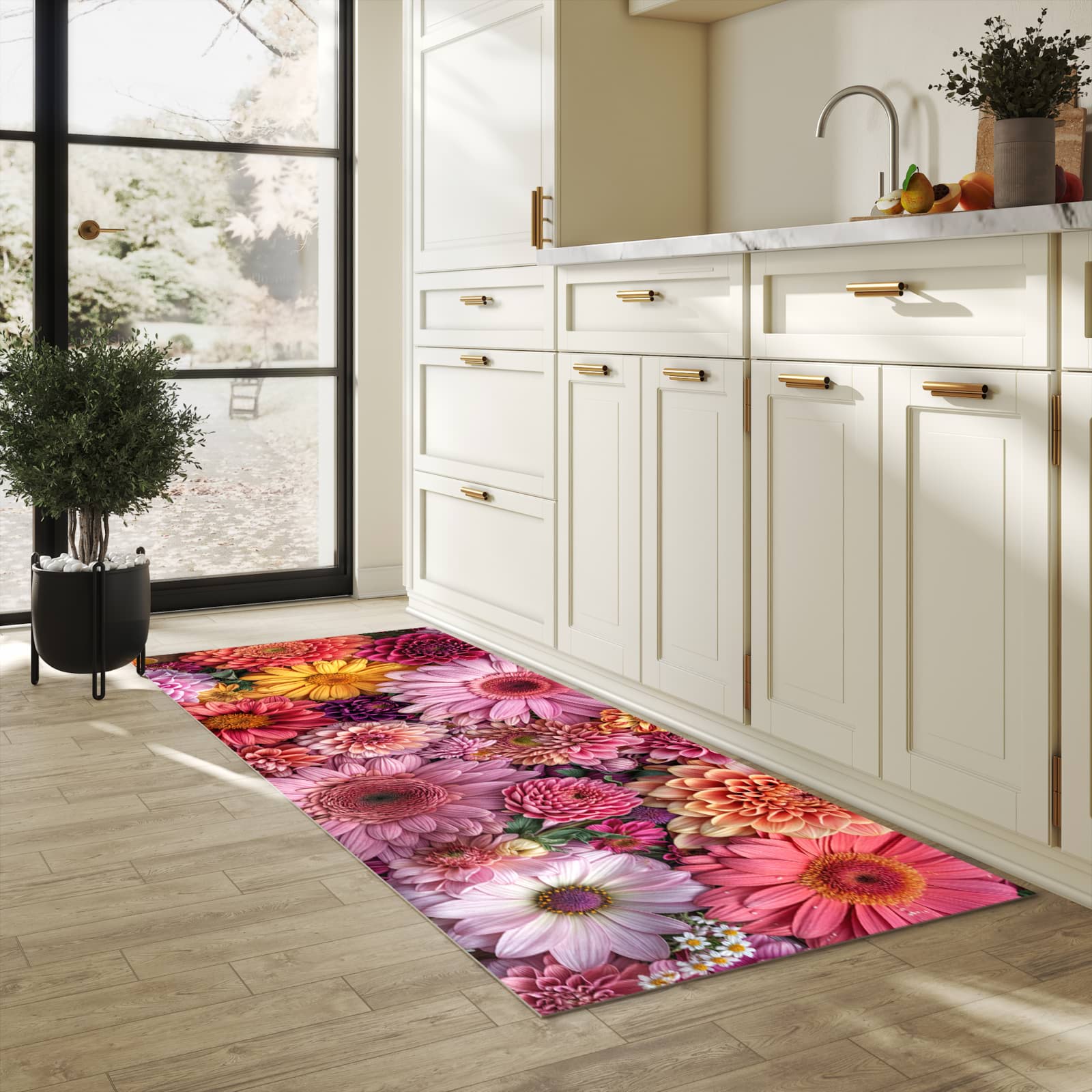 Hygienischer moderner Küchenläufer mit Motiv Bunte Blumenpracht in heller Küche