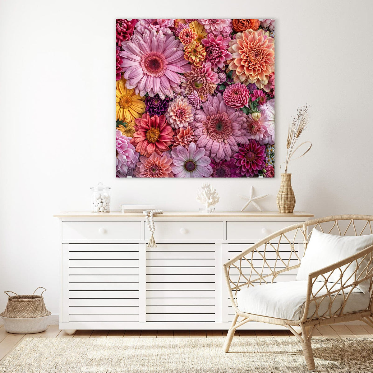 Echtglas, 4 mm – kein Acryl, keine Folie – Wandbild - Rosa Blütenteppich - Quadratisch