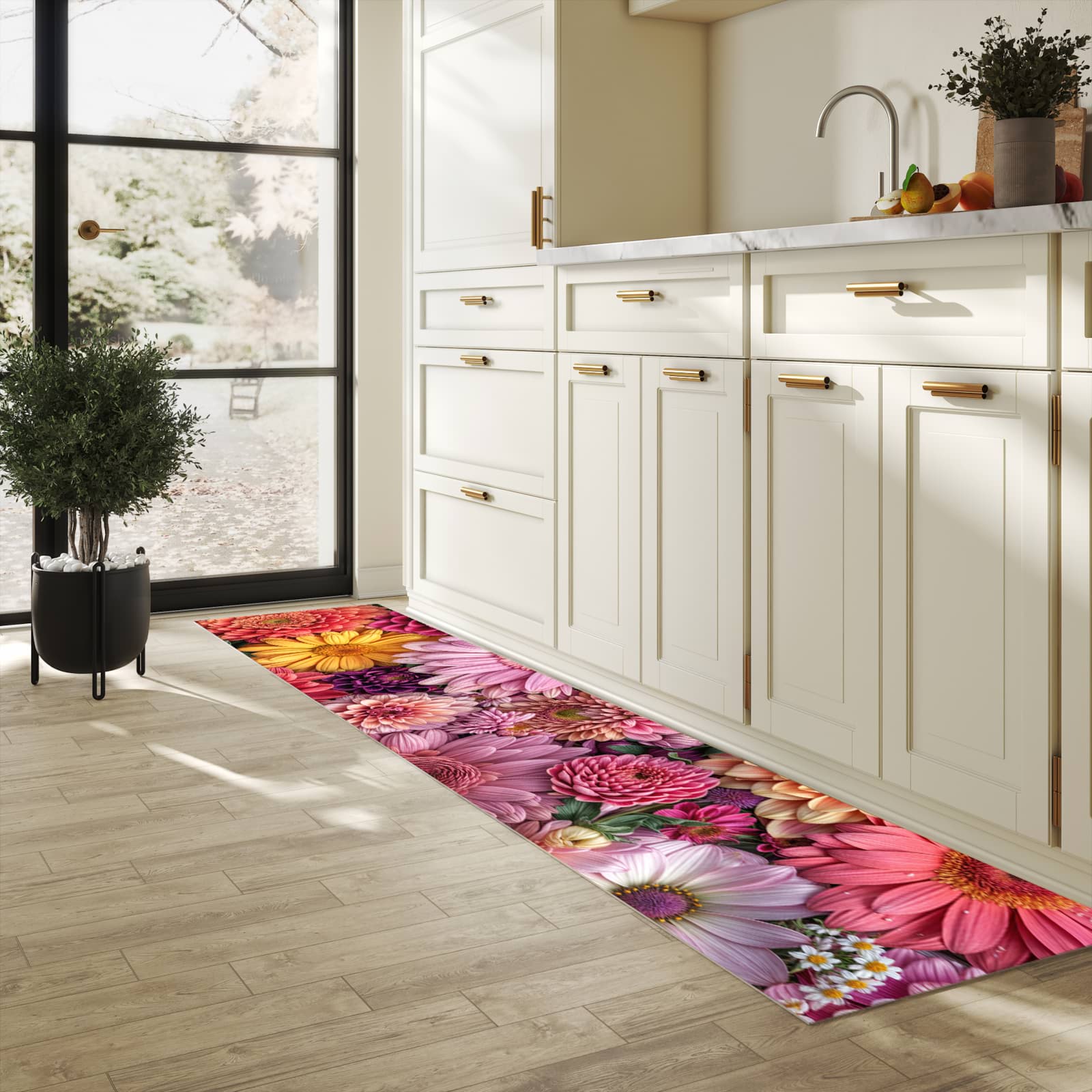 Langlebiger rutschfester Küchenläufer mit Motiv Bunte Blumenpracht in heller Küche
