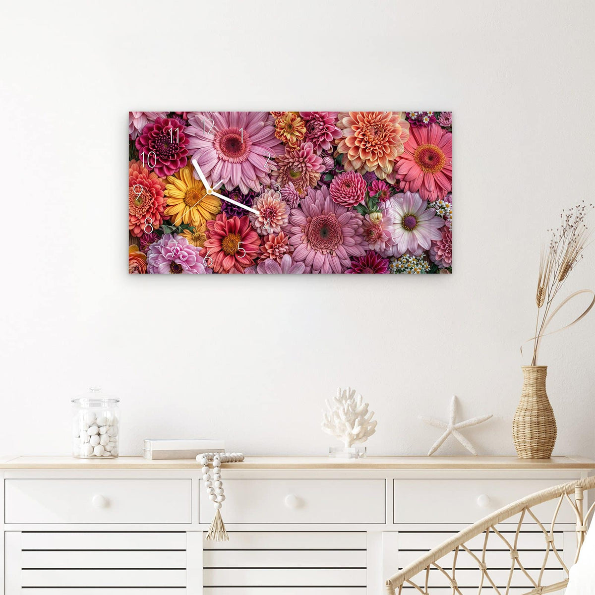 Wanduhr Bunte Blumenpracht aus Glas – Querformat 60 × 30 cm – Dichtes Blütenmeer in Rosa