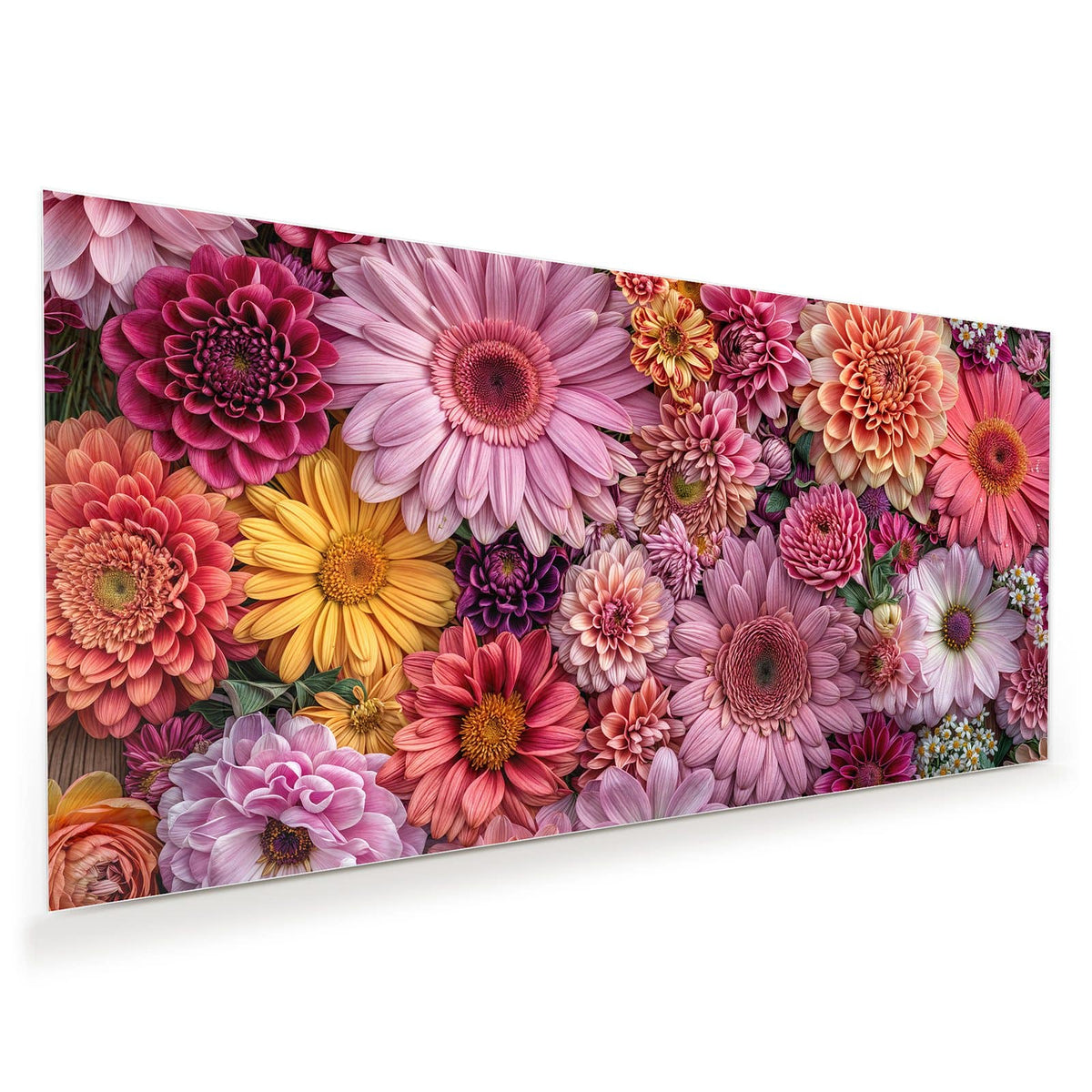 Dicht gepackte Dahlien, Gerbera und Chrysanthemen in Rosa, Koralle und Gelb