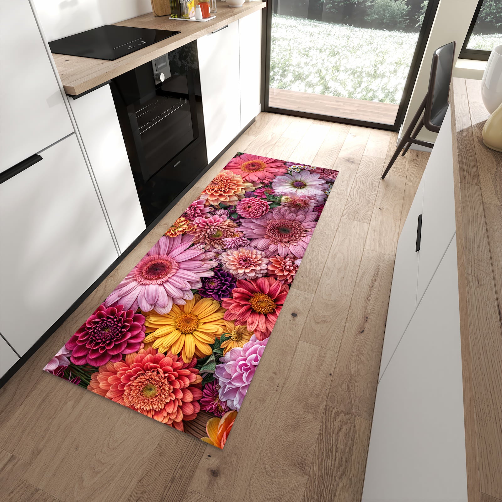 Geruchsneutraler Bodenläufer Teppich mit Motiv Bunte Blumenpracht in moderner Küche