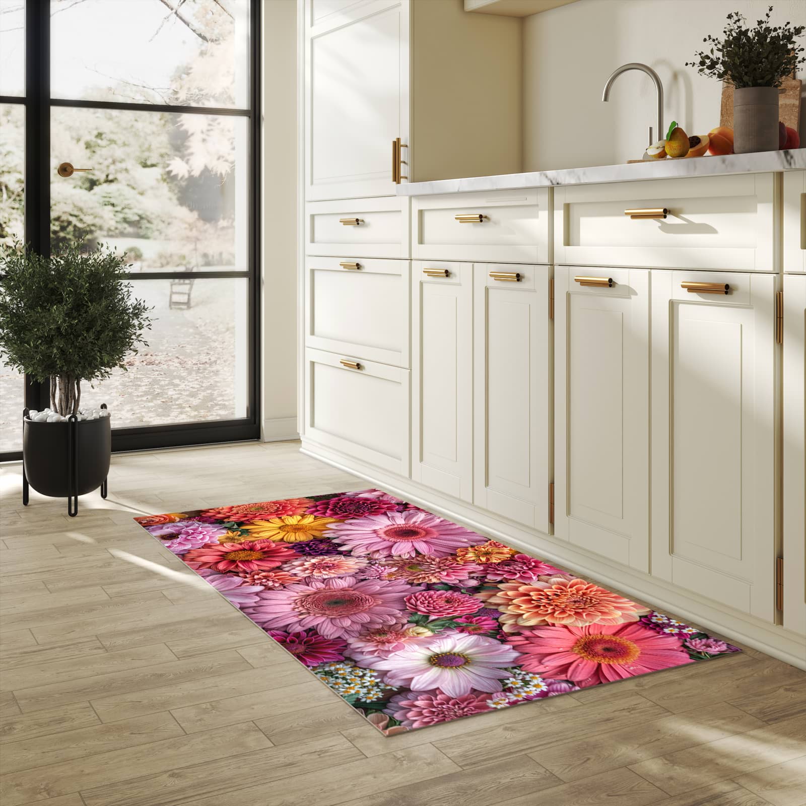 Waschbarer Küchenläufer mit Motiv Bunte Blumenpracht in heller Küche für angenehme Haptik