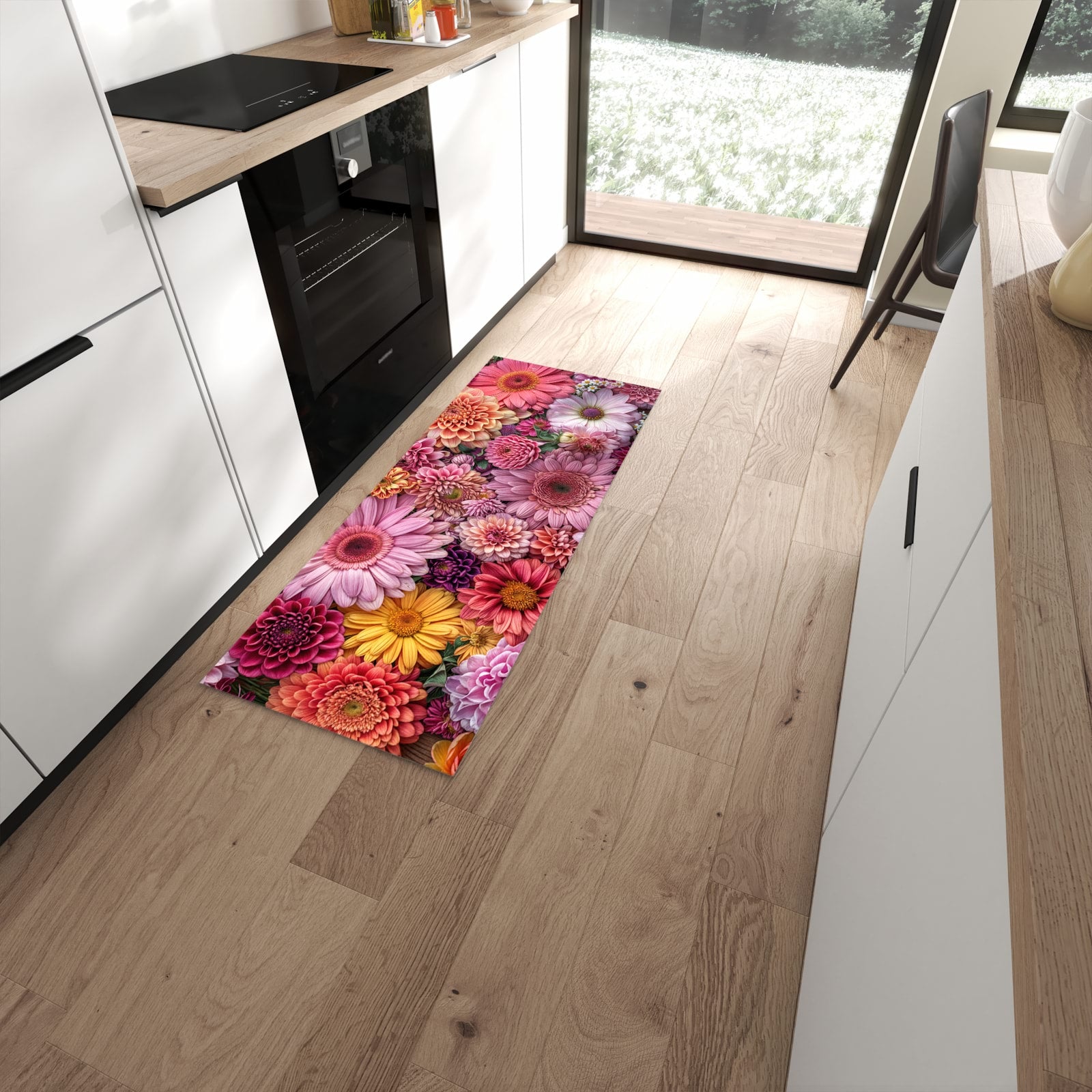 Abriebfester Küchenteppich mit Motiv Bunte Blumenpracht in moderner Küche #grösse_60 x 150 cm