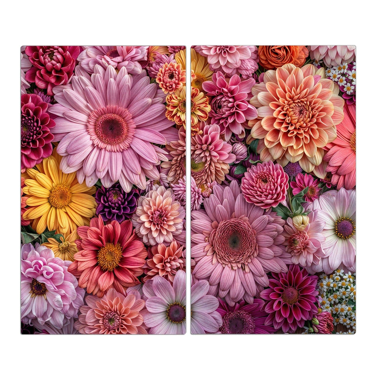 Dicht gepackte Dahlien, Gerbera und Chrysanthemen in Rosa, Koralle und Gelb