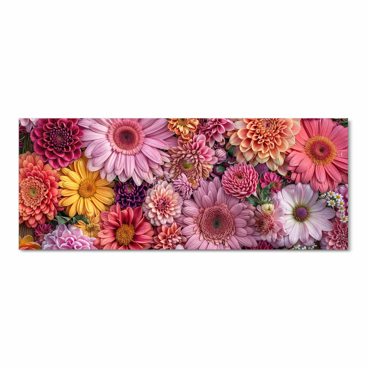 Dicht gepackte Dahlien, Gerbera und Chrysanthemen in Rosa, Koralle und Gelb