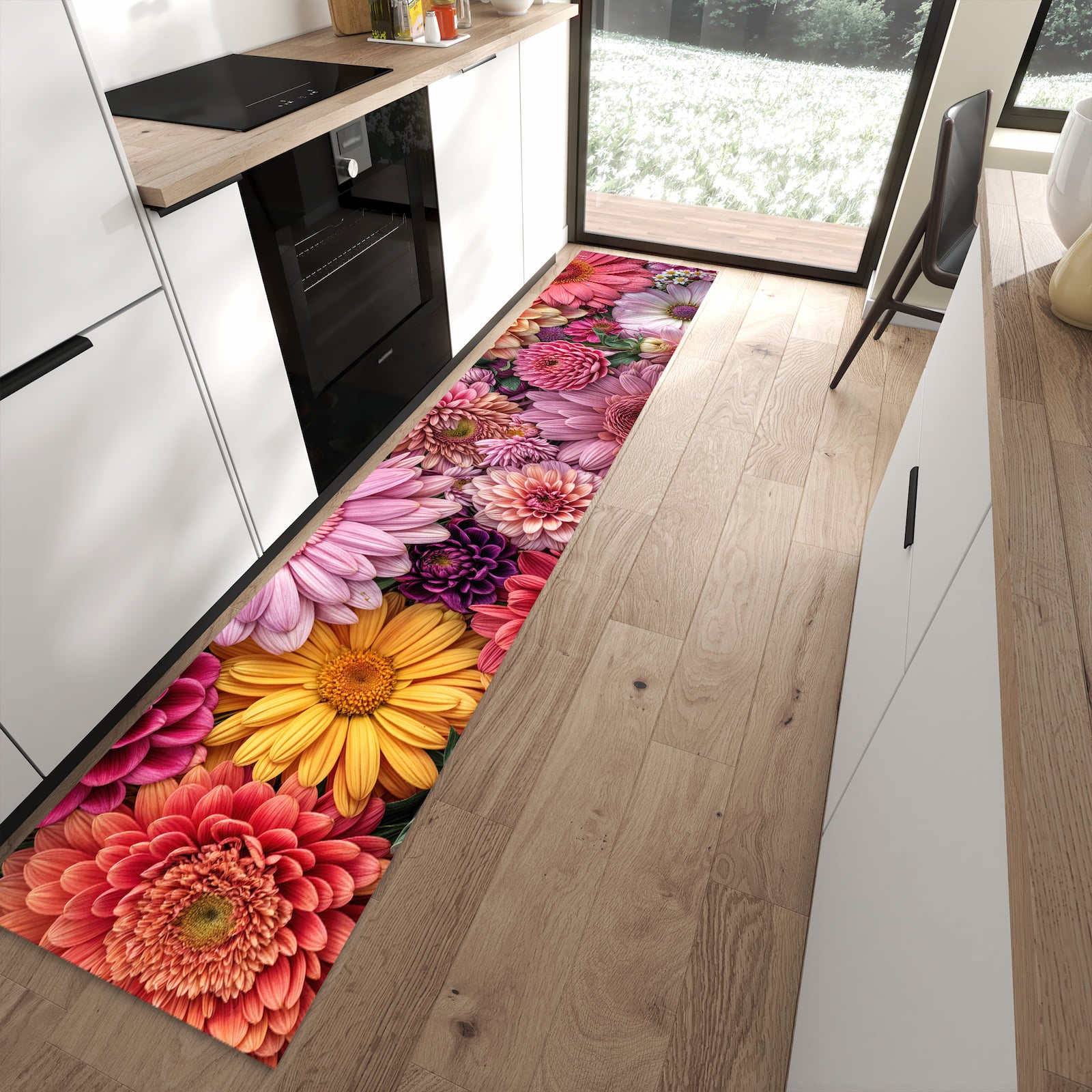 Fleckenresistenter rutschfester Küchenteppich mit Motiv Bunte Blumenpracht in moderner Küche