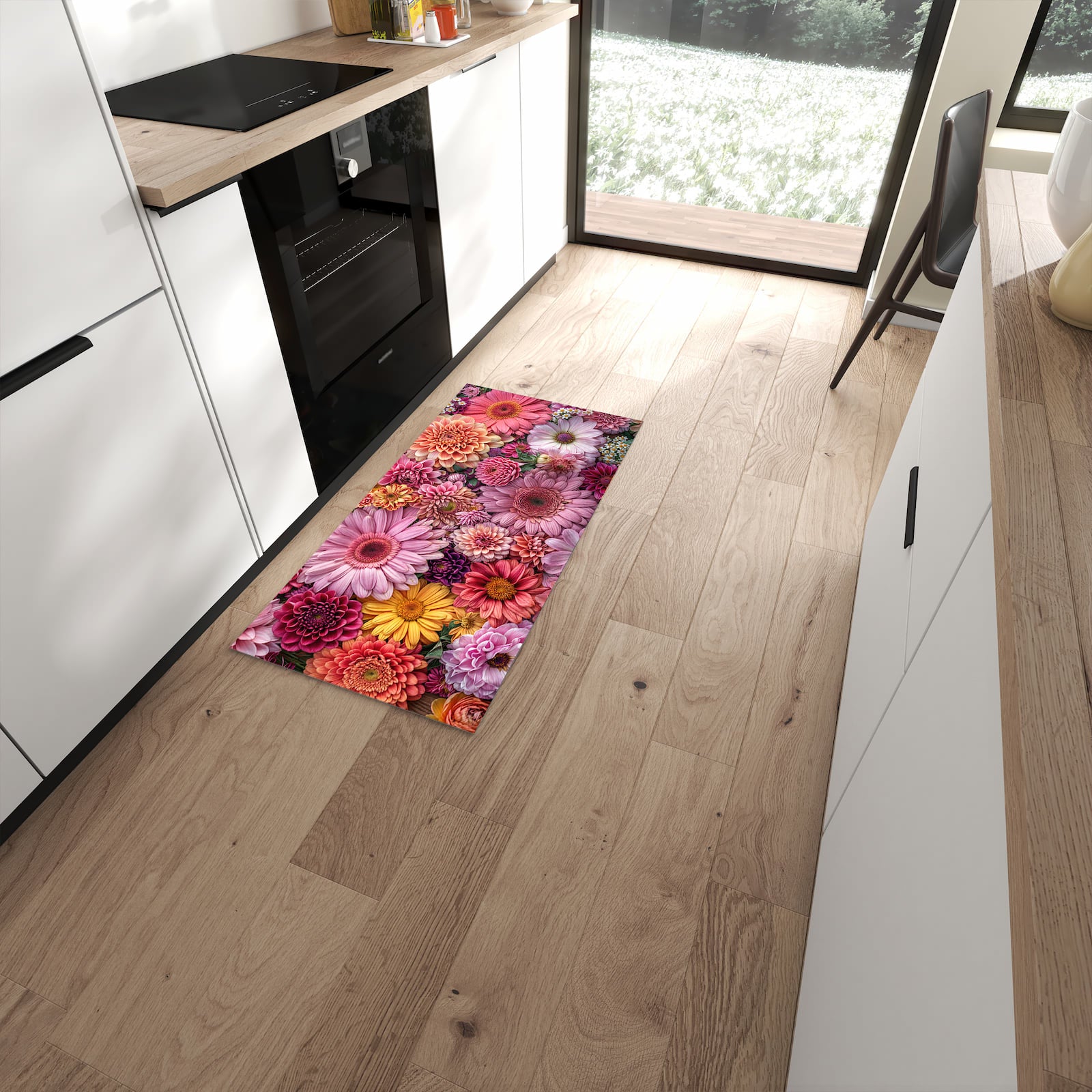 Geräuschdämpfender dünner Teppich mit Motiv Bunte Blumenpracht in moderner Küche #grösse_60 x 120 cm