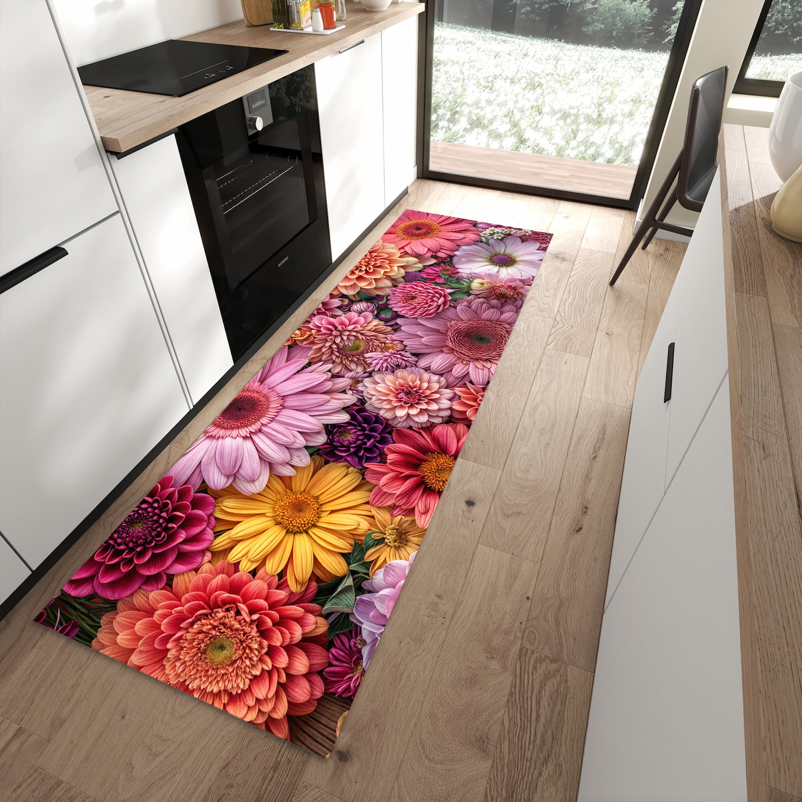 Langlebiger Küchenteppich mit Motiv Bunte Blumenpracht in moderner Küche