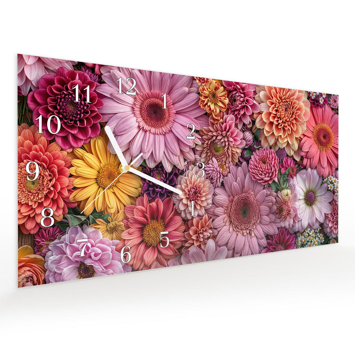 Vormontiert – mit Schwebeeffekt – Wanduhr Bunte Blumenpracht aus Glas – Querformat 60 × 30 cm