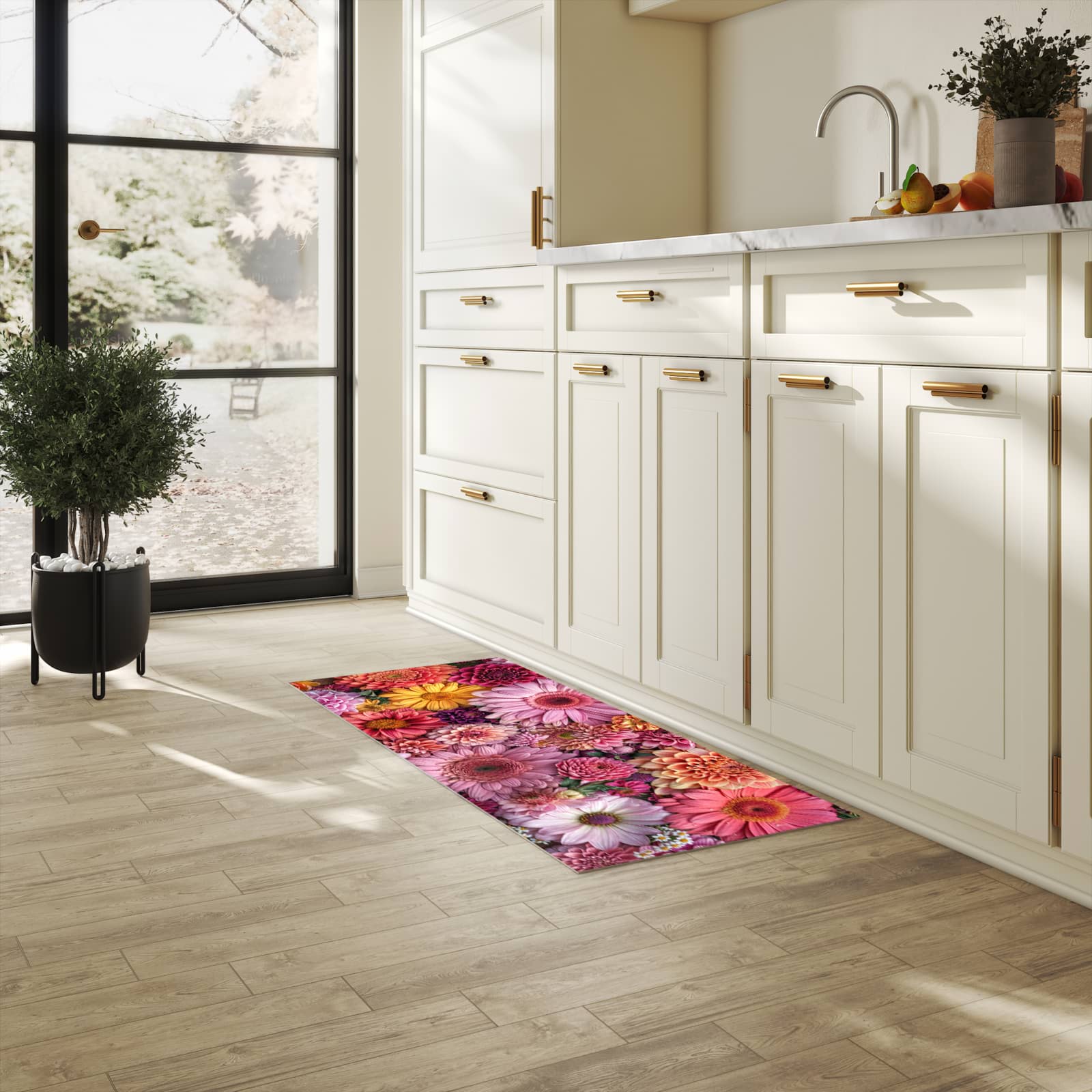 Wasserabweisender Küchenläufer mit Motiv Bunte Blumenpracht in heller Küche