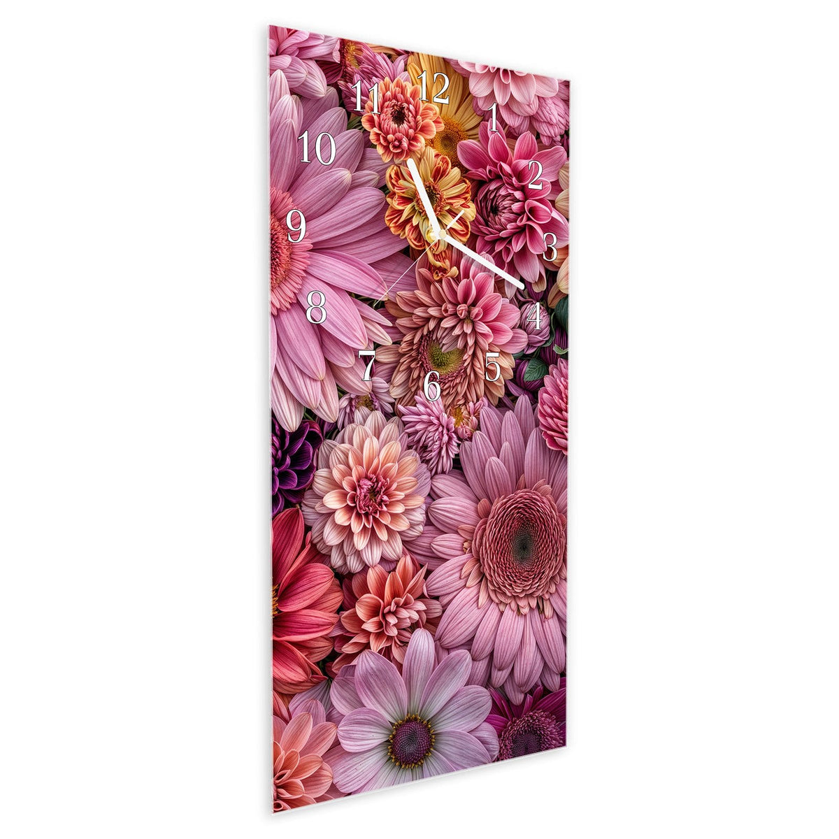 Vormontiert – mit Schwebeeffekt – Wanduhr Bunte Blumenpracht aus Glas – Hochformat 30 × 60 cm