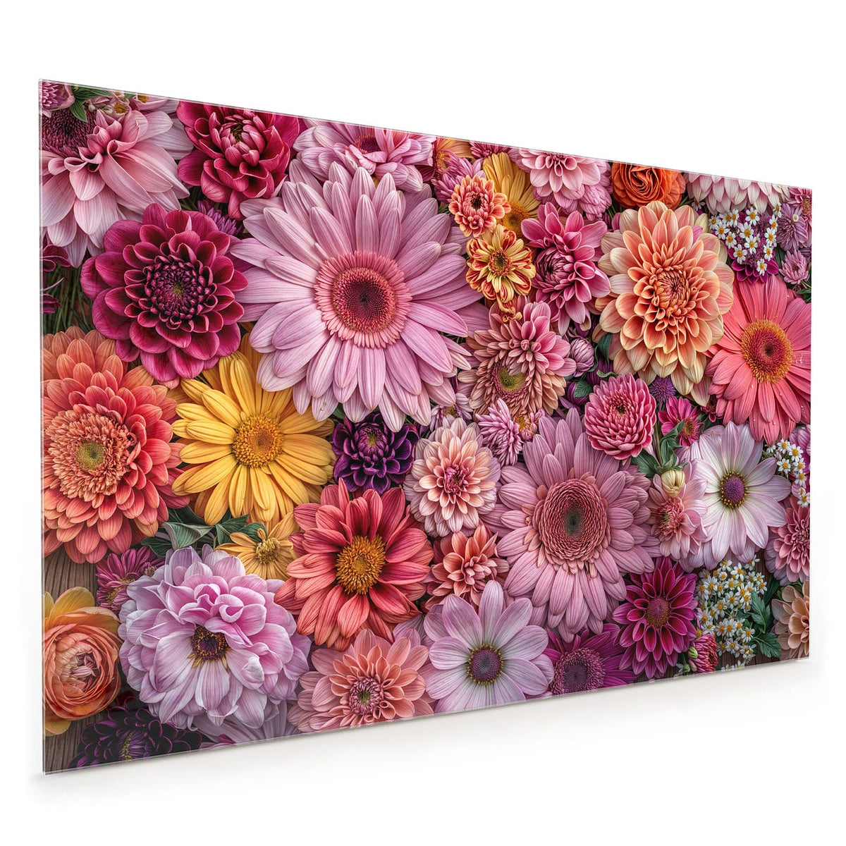 Küchenrückwand aus Glas im Hochformat mit Motiv Rosa Blütenteppich: Dicht gepackte Dahlien, Gerbera und Chrysanthemen in Rosa, Koralle und Gelb