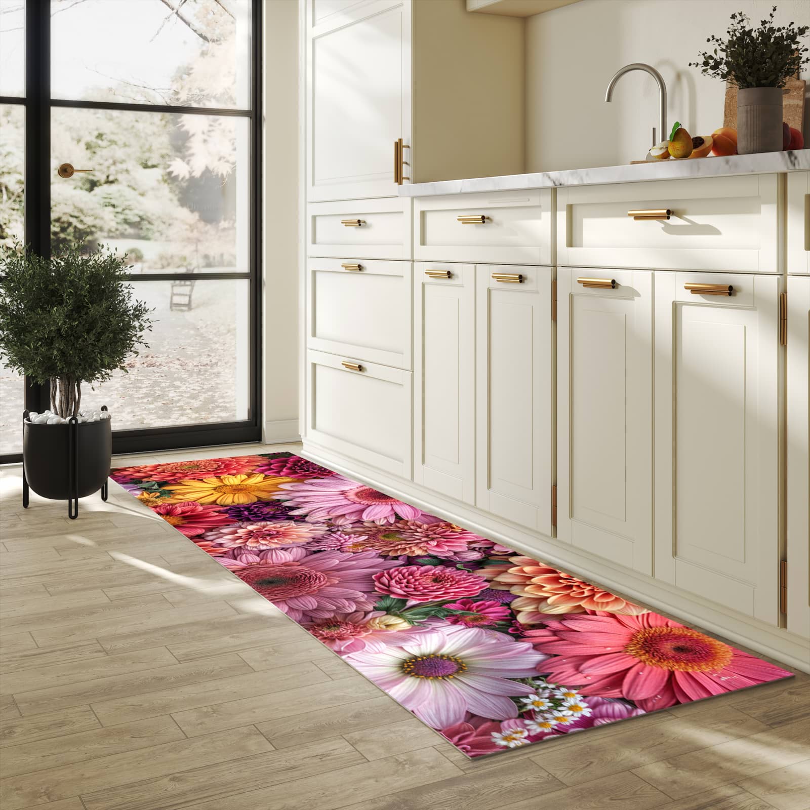 Rutschfester Küchenläufer mit Motiv Bunte Blumenpracht in heller Küche