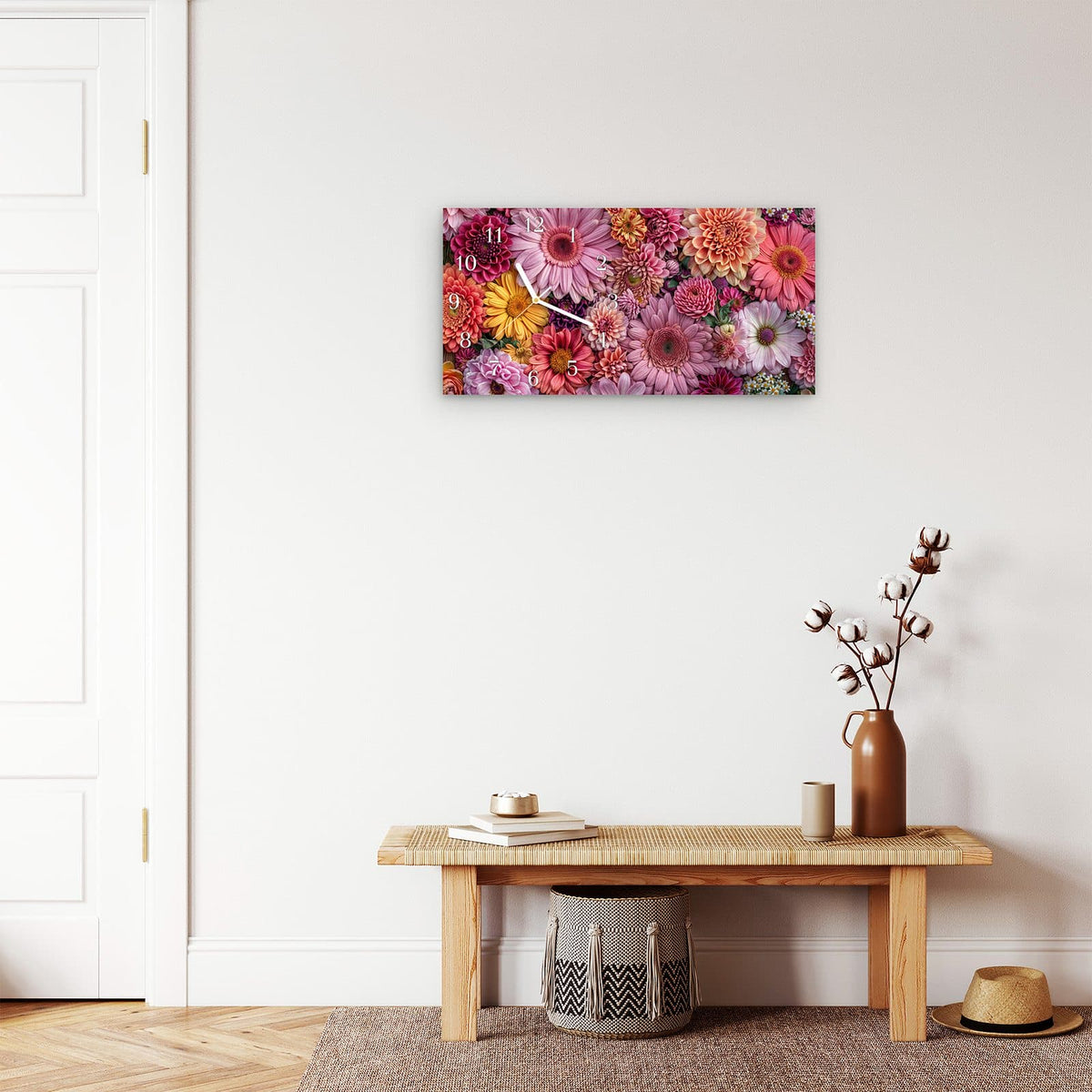 Moderne Wanduhr aus Glas mit Farbtiefe – Wanduhr Bunte Blumenpracht aus Glas – Querformat 60 × 30 cm