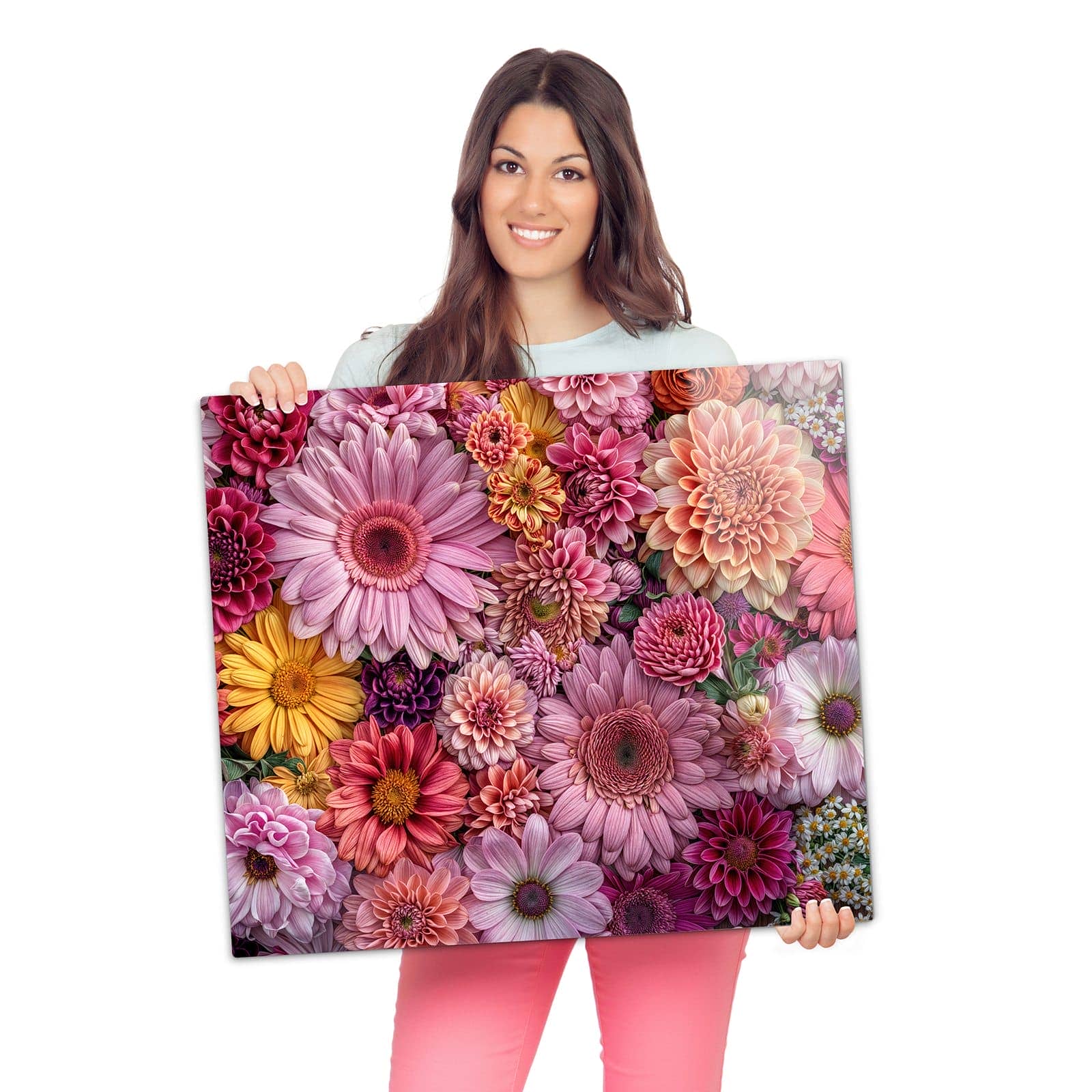 Abdeckplatte für Ceranfeld mit Bunte Blumenpracht-Motiv wird zur Größendarstellung gehalten