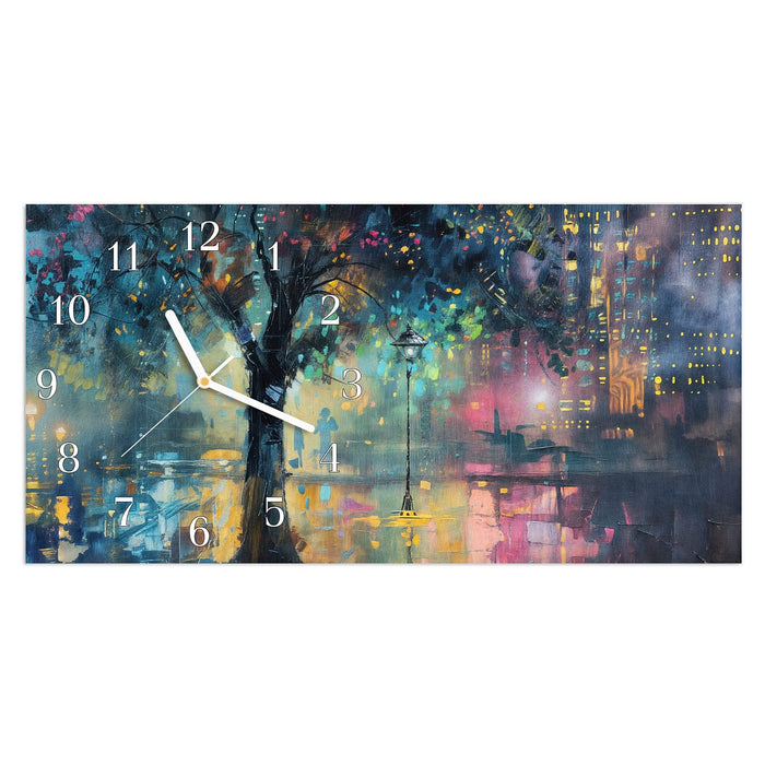 Wanduhr Regen in der Stadt aus Glas – Querformat 60 × 30 cm mit Ziffernblatt Klassisch