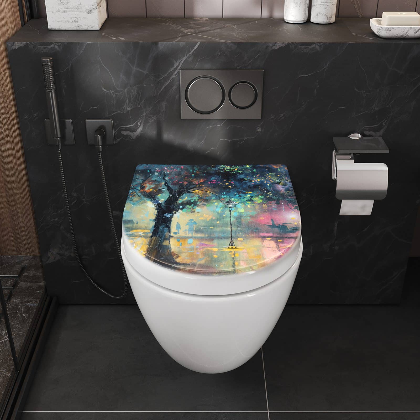 WC-Sitz mit Absenkautomatik Regen in der Stadt