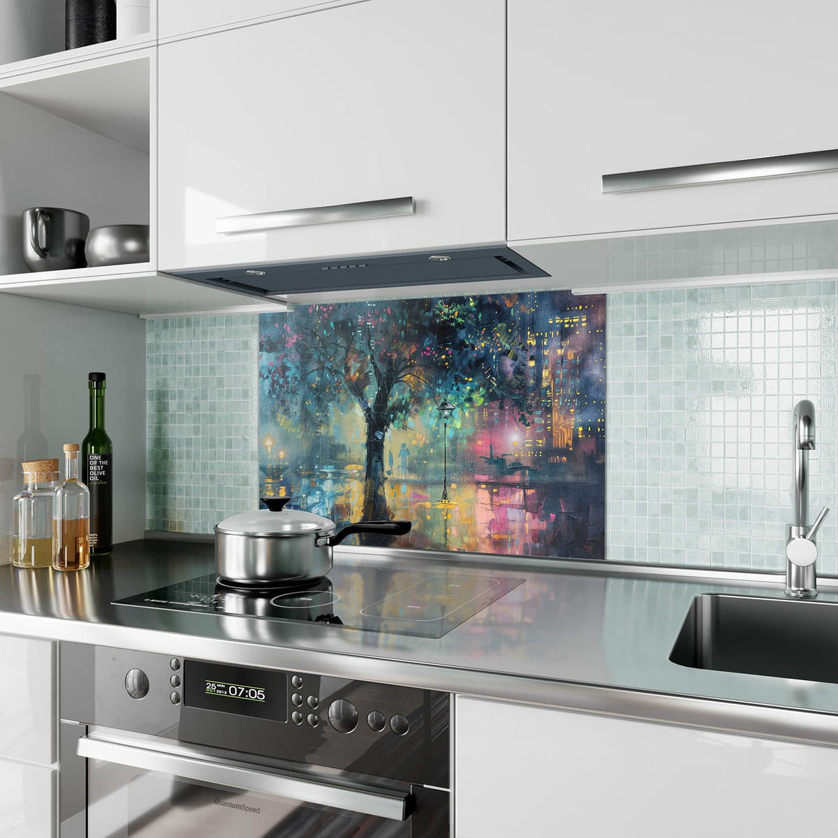 Küchenrückwand aus Glas Stadtbaum bei Nacht im Hochformat als Spritzschutz hinter dem Kochfeld, über dem Fliesenspiegel montiert