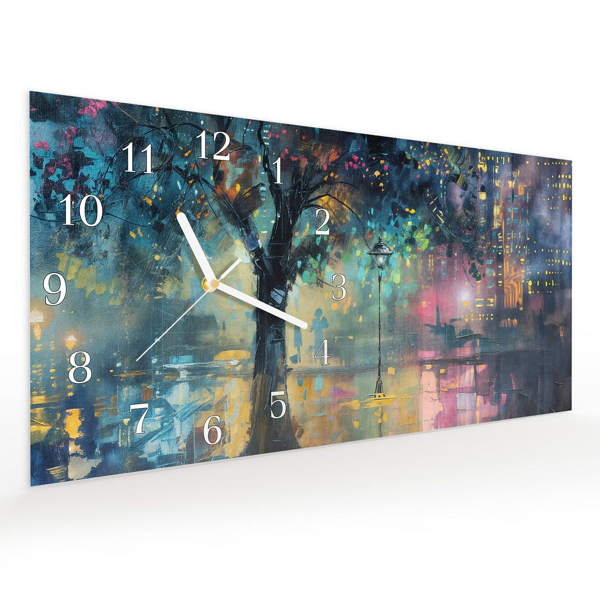 Vormontiert – mit Schwebeeffekt – Wanduhr Regen in der Stadt aus Glas – Querformat 60 × 30 cm