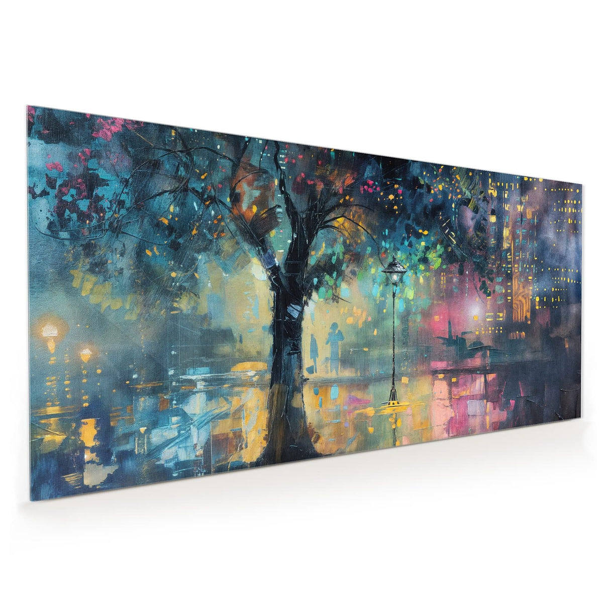 Küchenrückwand aus Glas im Hochformat mit Motiv Stadtbaum bei Nacht: Nächtliche Stadt in Ölmalerei, großer Baum mit bunten Lichtpunkten, Laterne