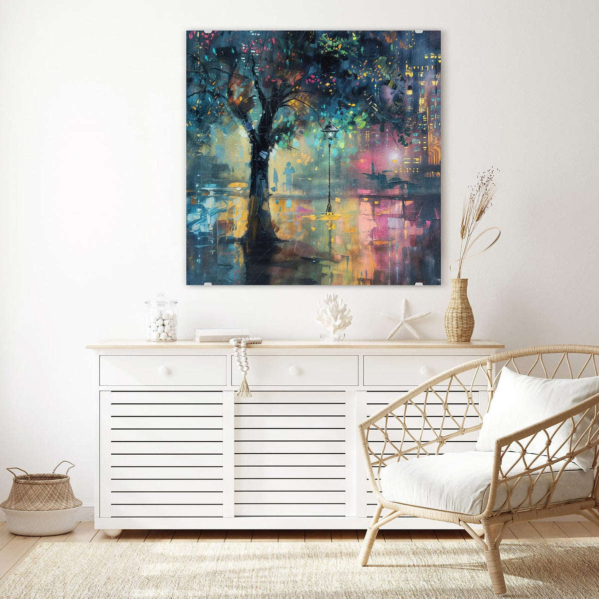 Echtglas, 4 mm – kein Acryl, keine Folie – Wandbild - Stadtbaum bei Nacht - Quadratisch