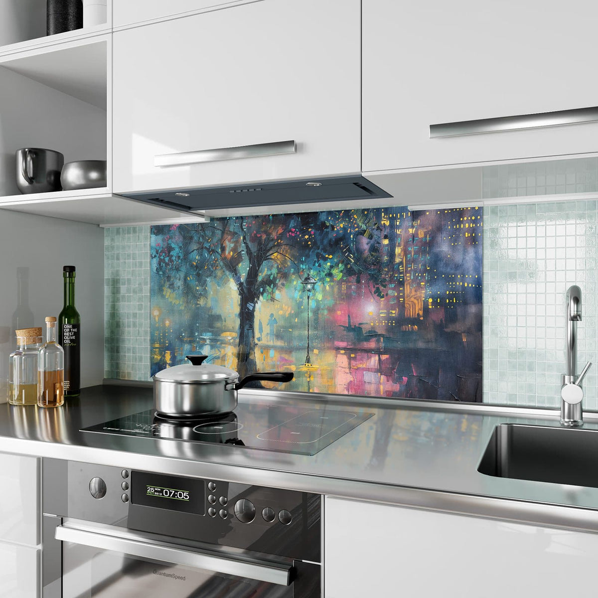 Küchenrückwand aus Glas Stadtbaum bei Nacht im Hochformat als Spritzschutz hinter dem Kochfeld, über dem Fliesenspiegel montiert