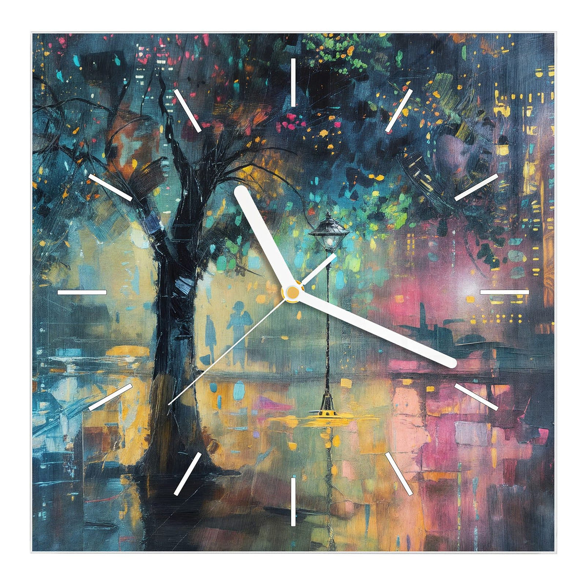 Wanduhr aus Glas, Ziffernblatt Linie mit Motiv Stadtbaum bei Nacht: Nächtliche Stadt in Ölmalerei, großer Baum mit bunten Lichtpunkten, Laterne