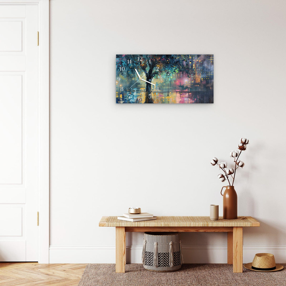Moderne Wanduhr aus Glas mit Farbtiefe – Wanduhr Regen in der Stadt aus Glas – Querformat 60 × 30 cm