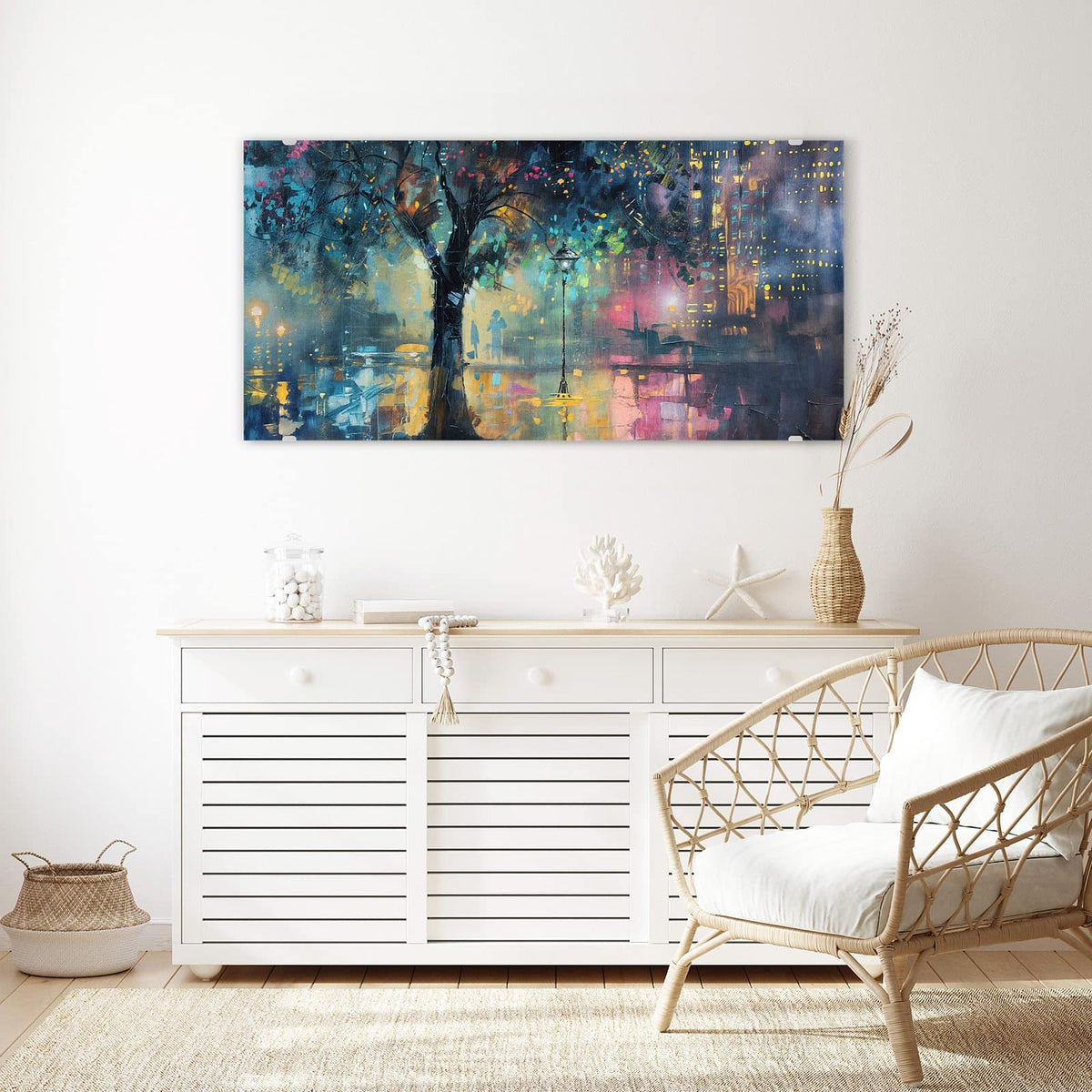 Echtglas, 4 mm – kein Acryl, keine Folie – Wandbild - Stadtbaum bei Nacht - Querformat