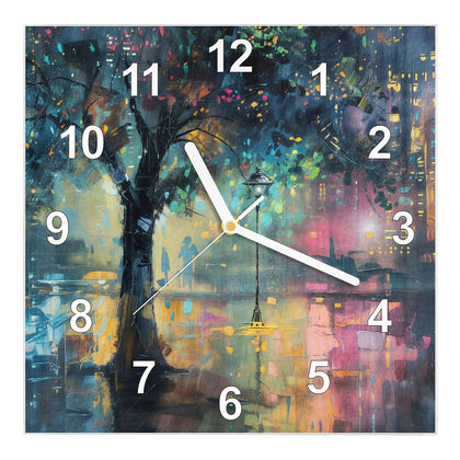 Wanduhr Quadratisch mit dem Motiv Stadtbaum bei Nacht