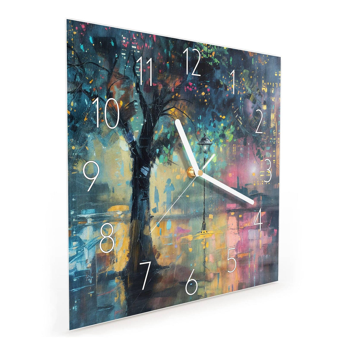 Quadratische Wanduhr aus Glas Stadtbaum bei Nacht schräg von der Seite, 4 mm starkes Glas