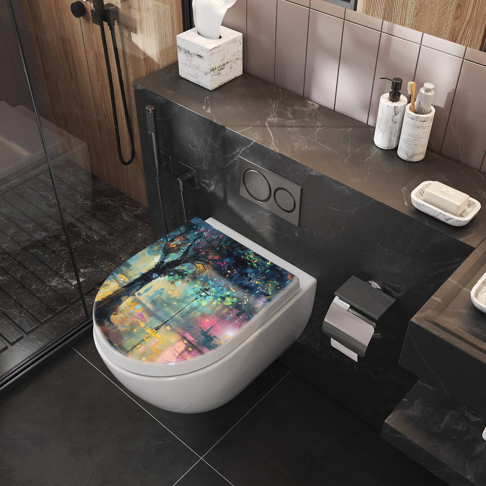 WC-Sitz mit Absenkautomatik Regen in der Stadt