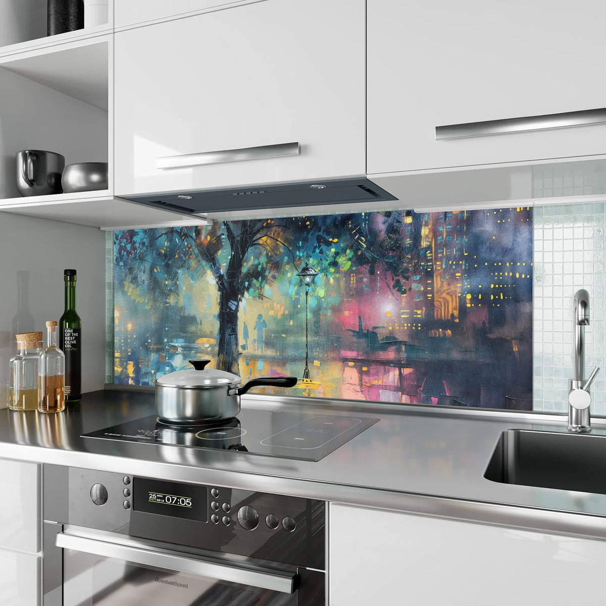 Küchenrückwand aus Glas Stadtbaum bei Nacht im Hochformat als Spritzschutz hinter dem Kochfeld, über dem Fliesenspiegel montiert