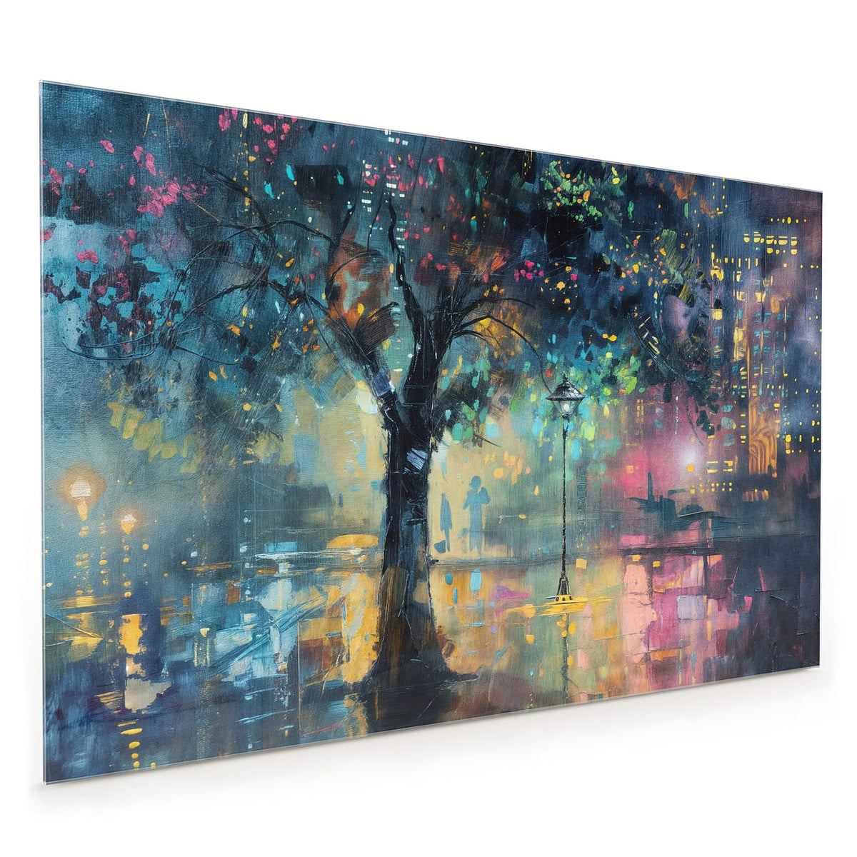 Küchenrückwand aus Glas im Hochformat mit Motiv Stadtbaum bei Nacht: Nächtliche Stadt in Ölmalerei, großer Baum mit bunten Lichtpunkten, Laterne