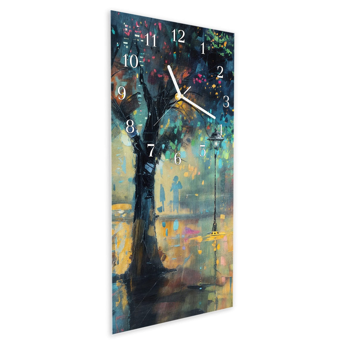 Vormontiert – mit Schwebeeffekt – Wanduhr Regen in der Stadt aus Glas – Hochformat 30 × 60 cm