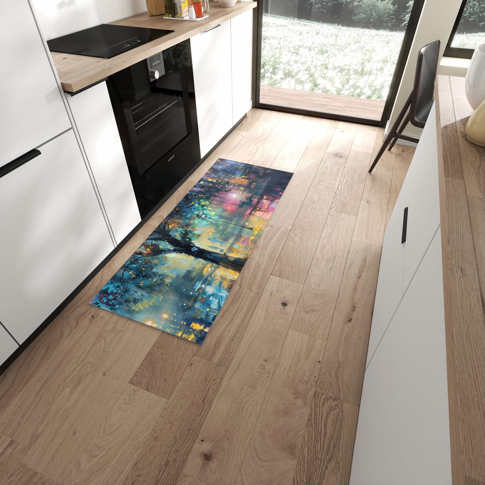 Strapazierfähiger Küchenläufer mit Motiv Regen in der Stadt in moderner Küche #grösse_60 x 150 cm